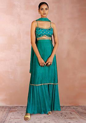 Blue Palazzo Set With Hand Embroidered Kurta And Dupatta