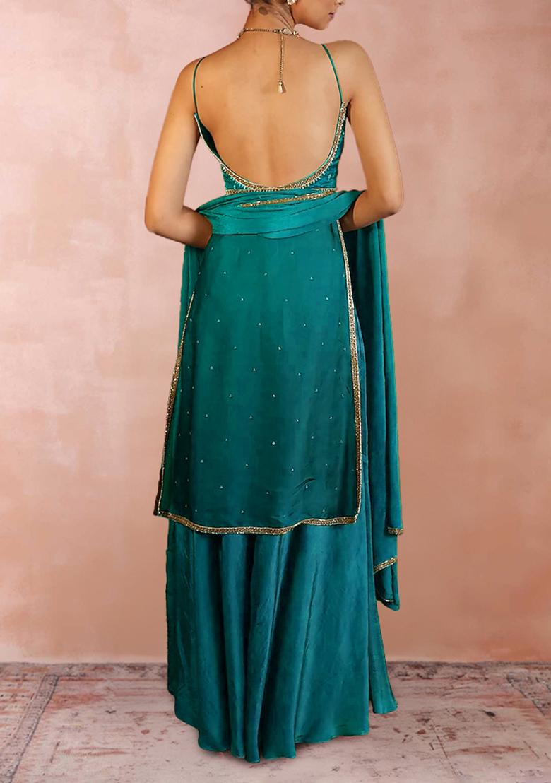 Blue Palazzo Set With Hand Embroidered Kurta And Dupatta