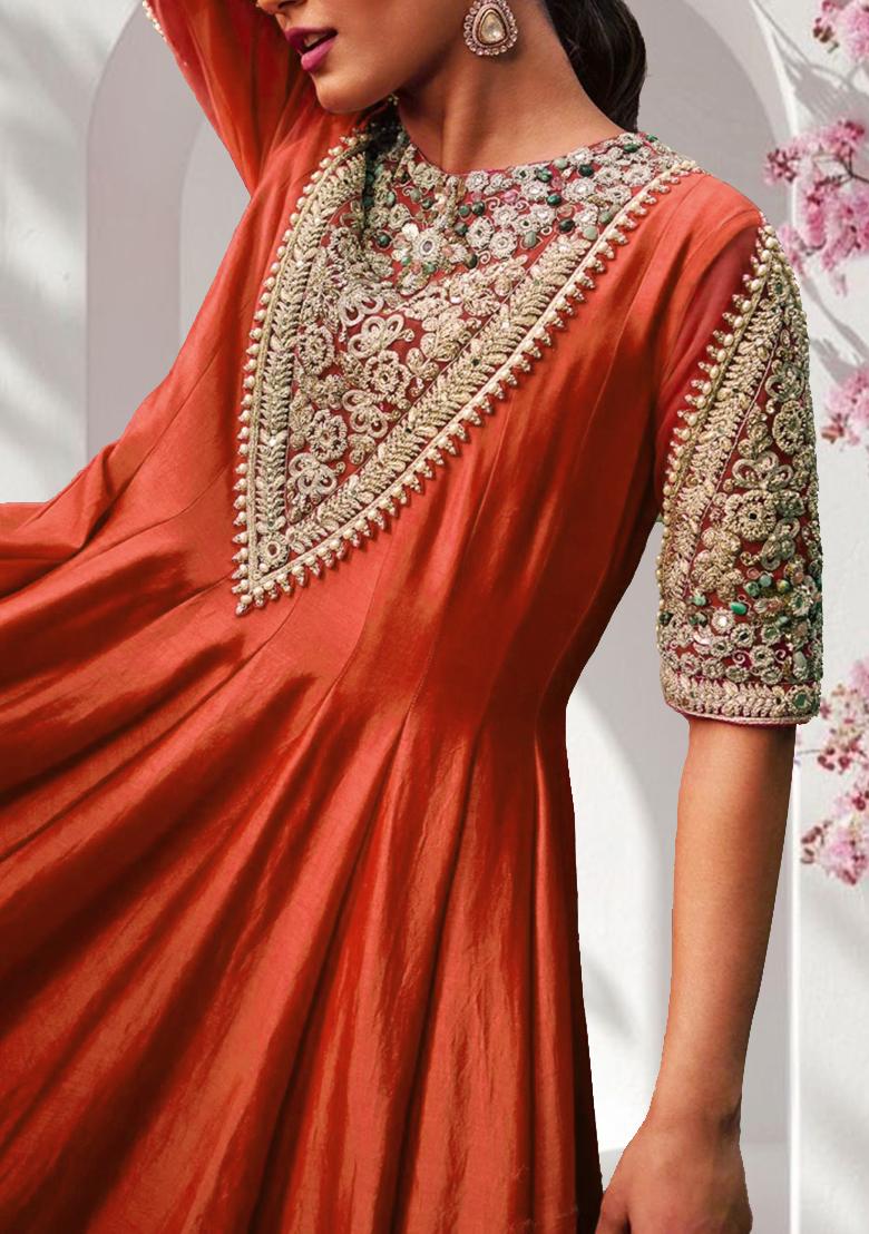 Orange Anarkali Set With Hand Embroidered Pant