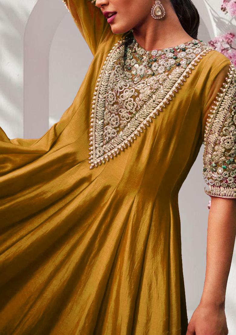 Yellow Anarkali Set With Hand Embroidered Pant