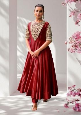 Red Anarkali Set With Hand Embroidered Pant