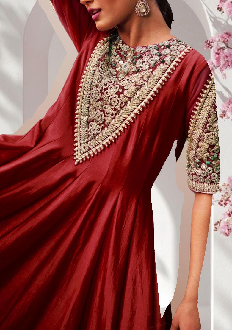 Red Anarkali Set With Hand Embroidered Pant