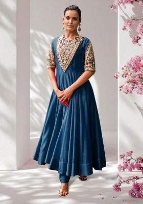 Teal Blue Anarkali Set With Hand Embroidered Pant