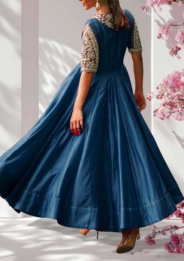 Teal Blue Anarkali Set With Hand Embroidered Pant