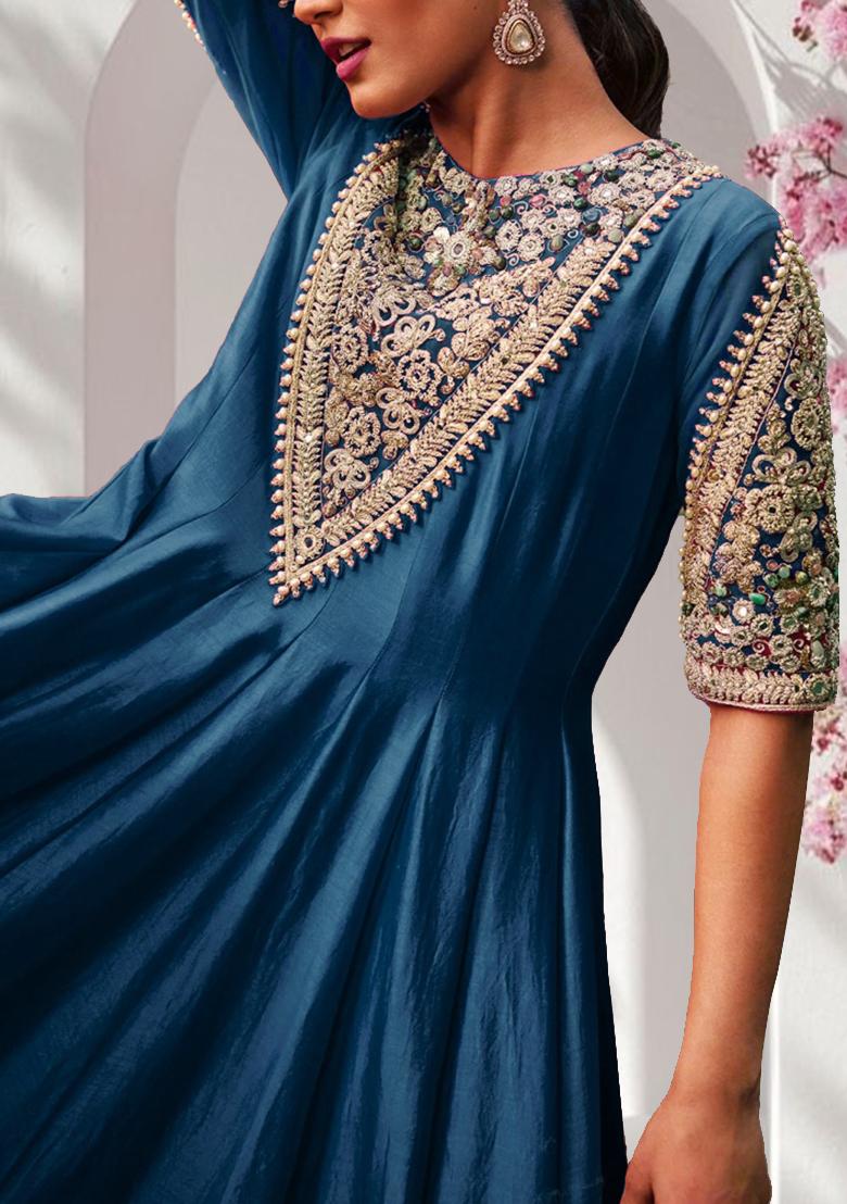 Teal Blue Anarkali Set With Hand Embroidered Pant