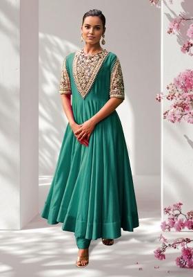 Aqua Green Anarkali Set With Hand Embroidered Pant