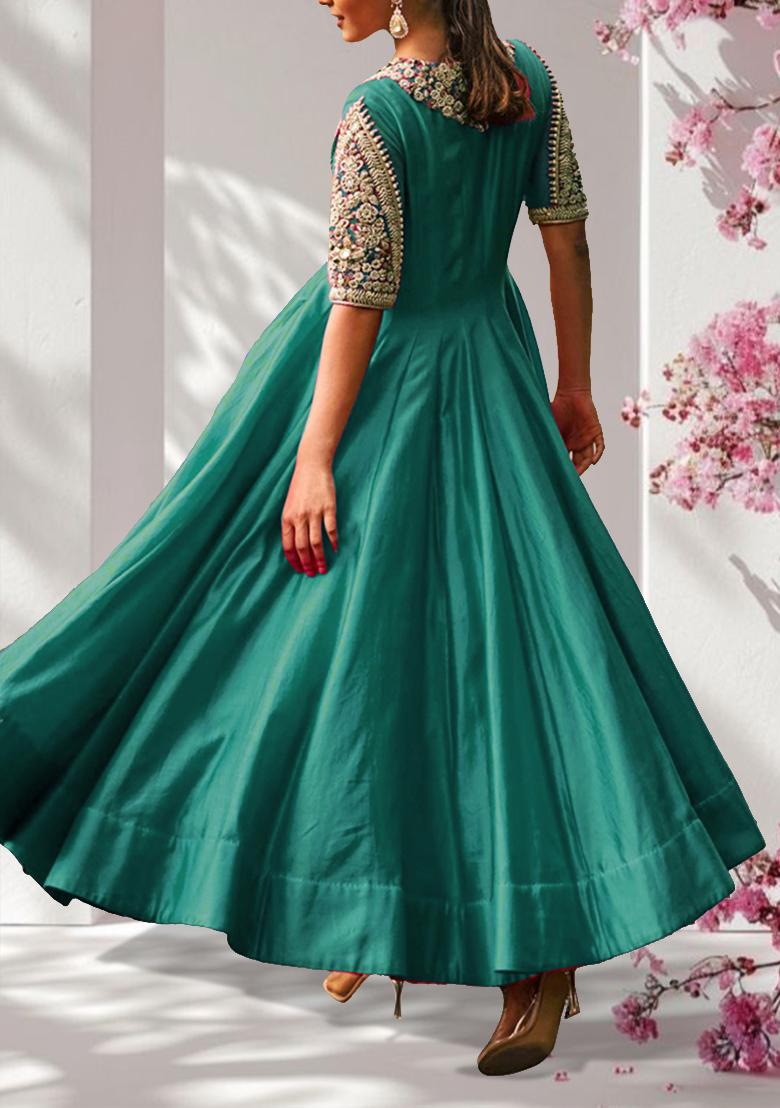 Aqua Green Anarkali Set With Hand Embroidered Pant