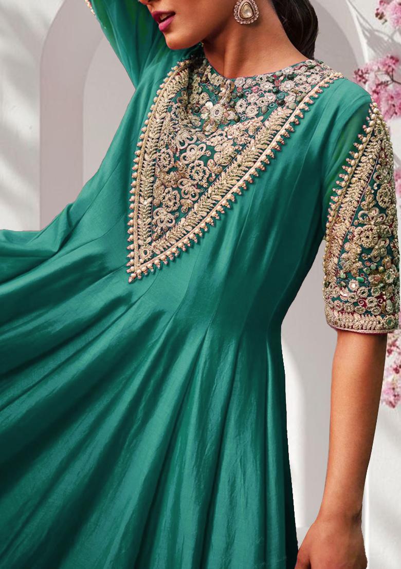 Aqua Green Anarkali Set With Hand Embroidered Pant