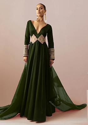 Olive Green Anarkali Set With Hand Embroidered Kurta And Dupatta