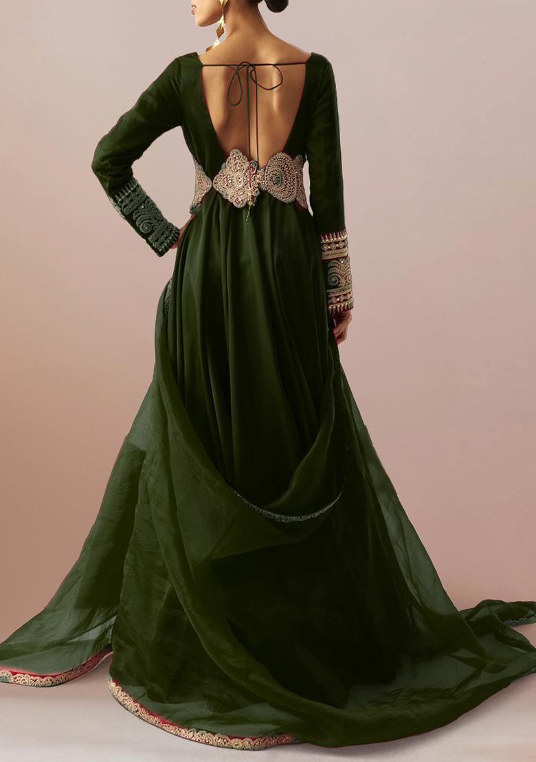 Olive Green Anarkali Set With Hand Embroidered Kurta And Dupatta