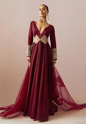 Maroon Anarkali Set With Hand Embroidered Kurta And Dupatta
