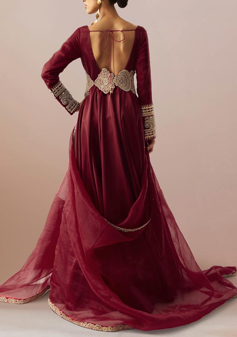 Maroon Anarkali Set With Hand Embroidered Kurta And Dupatta