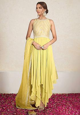 Lemon Yellow Kurta Set With Hand Embroidered Pant And Dupatta