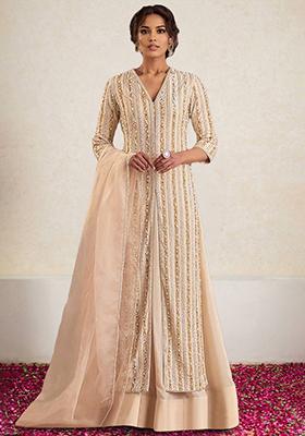 Beige Skirt Set With Hand Embroidered Kurta And Dupatta