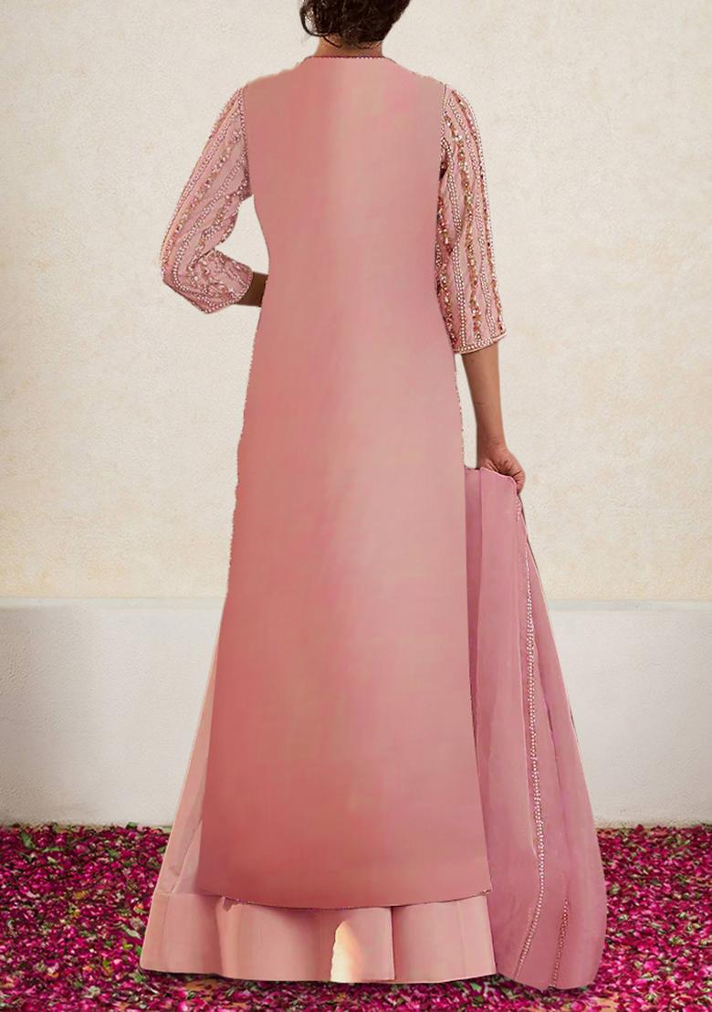 Blush Pink Skirt Set With Hand Embroidered Kurta And Dupatta