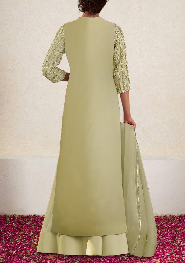 Light Olive Skirt Set With Hand Embroidered Kurta And Dupatta