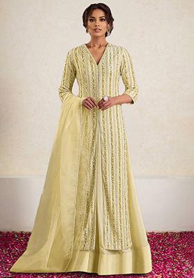 Lemon Yellow Skirt Set With Hand Embroidered Kurta And Dupatta