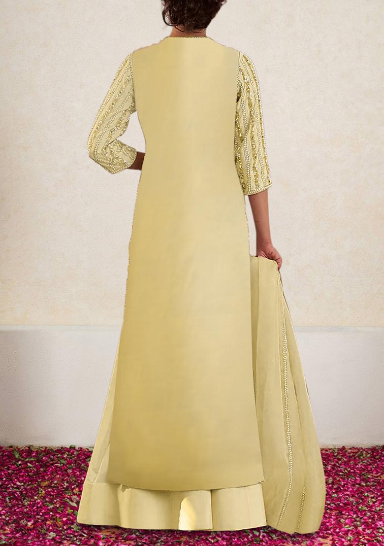 Lemon Yellow Skirt Set With Hand Embroidered Kurta And Dupatta