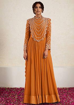 Orange Anarkali Set With Hand Embroidered Pant