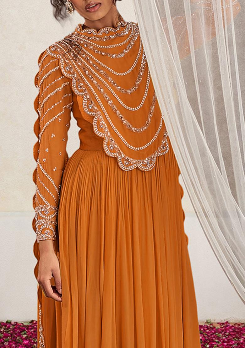 Orange Anarkali Set With Hand Embroidered Pant