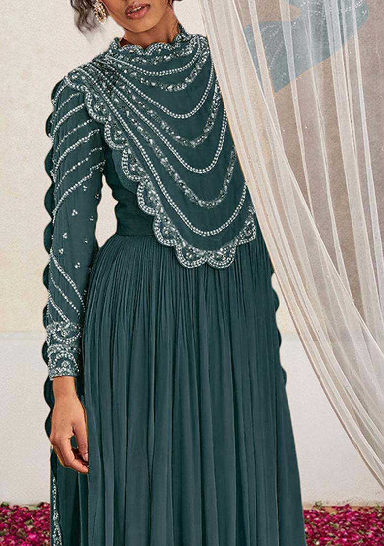 Green Anarkali Set With Hand Embroidered Pant