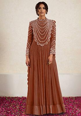 Dark Cyan Anarkali Set With Hand Embroidered Pant