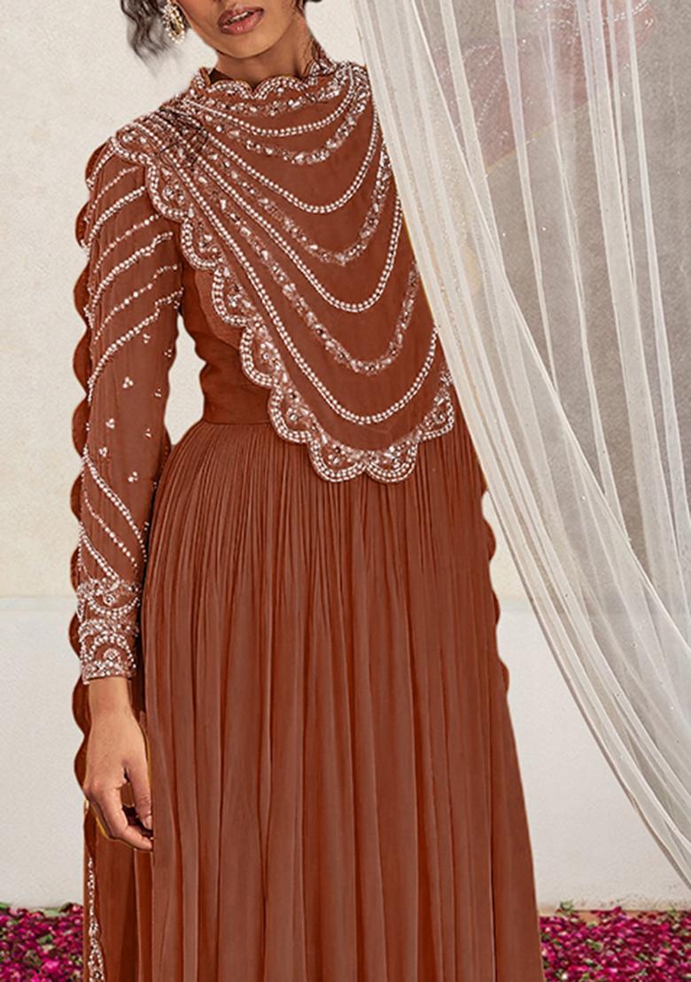 Dark Cyan Anarkali Set With Hand Embroidered Pant