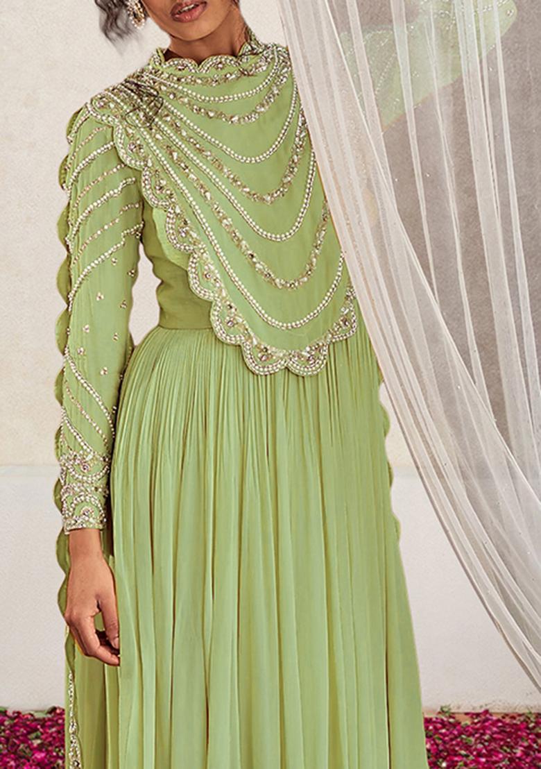 Green Anarkali Set With Hand Embroidered Pant
