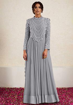 Grey Anarkali Set With Hand Embroidered Pant