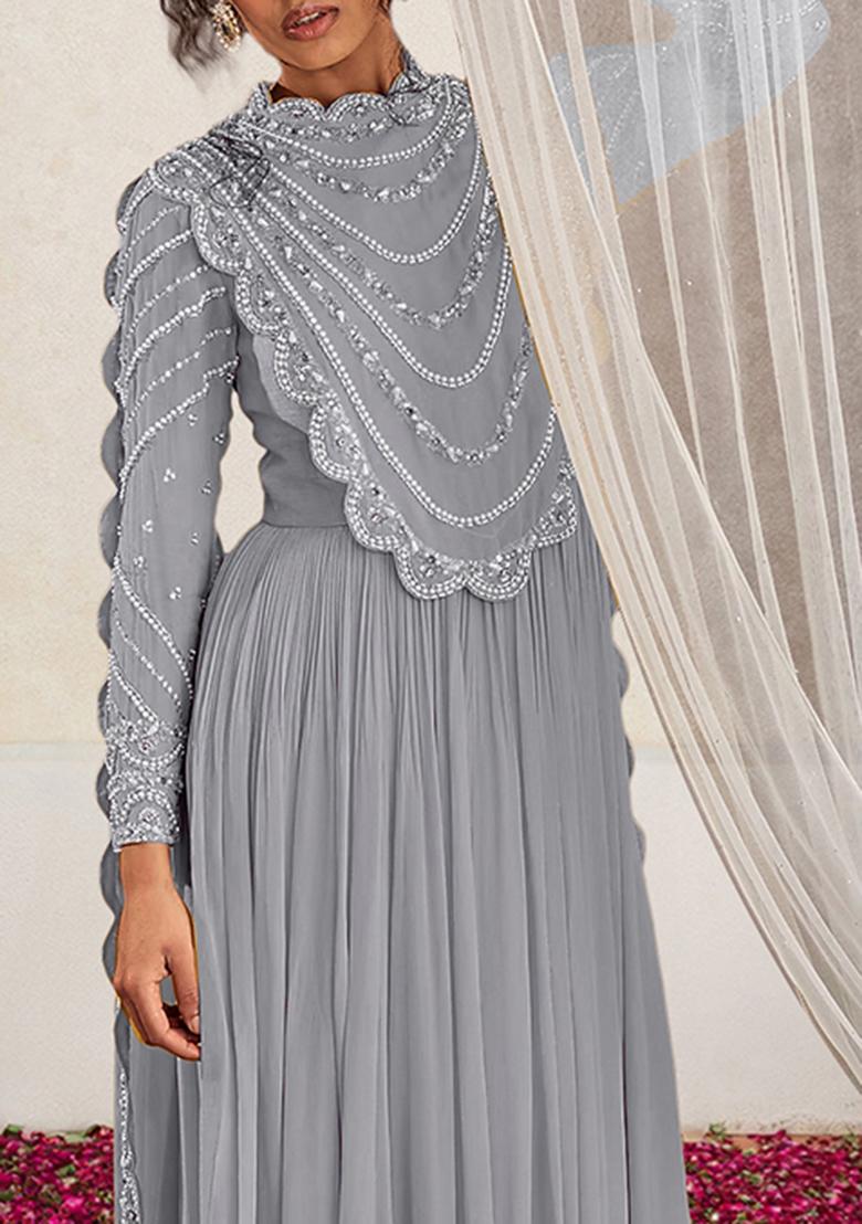 Grey Anarkali Set With Hand Embroidered Pant