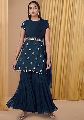 Teal Blue Sharara Set With Hand Embroidered Kurta