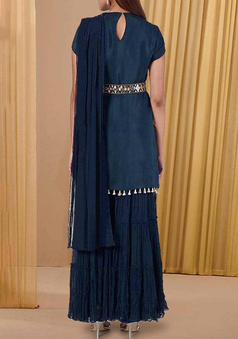 Teal Blue Sharara Set With Hand Embroidered Kurta