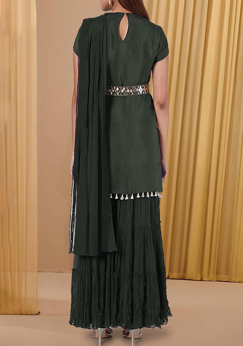Olive Green Sharara Set With Hand Embroidered Kurta