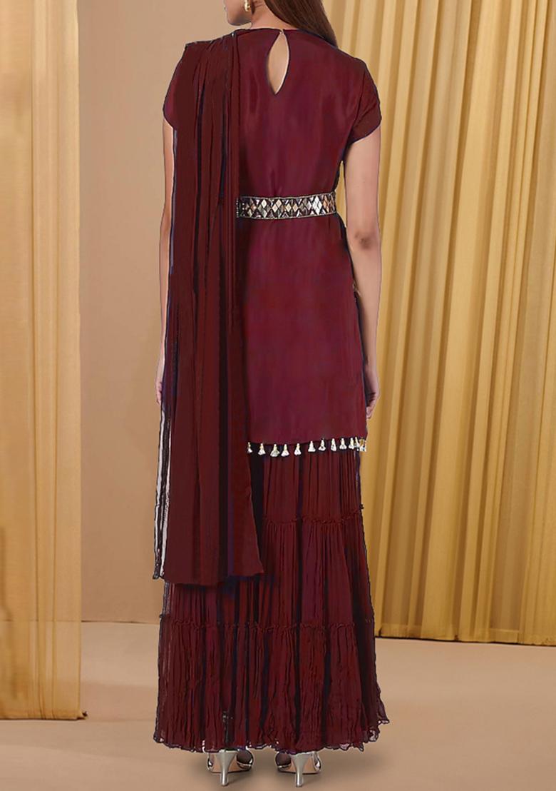 Maroon Sharara Set With Hand Embroidered Kurta