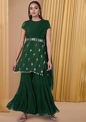 Dark Green Sharara Set With Hand Embroidered Kurta