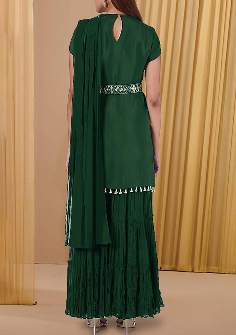 Dark Green Sharara Set With Hand Embroidered Kurta