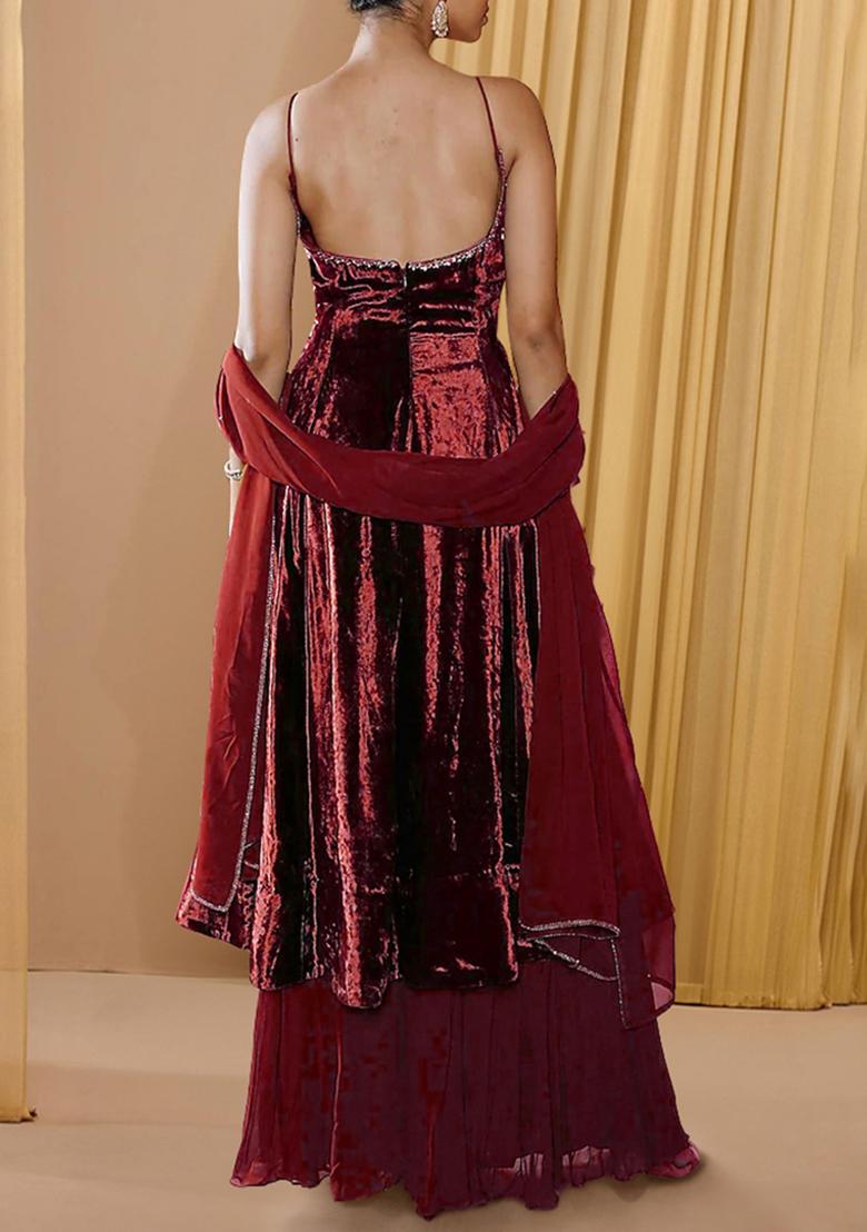 Maroon Sharara Set With Hand Embroidered Kurta And Dupatta