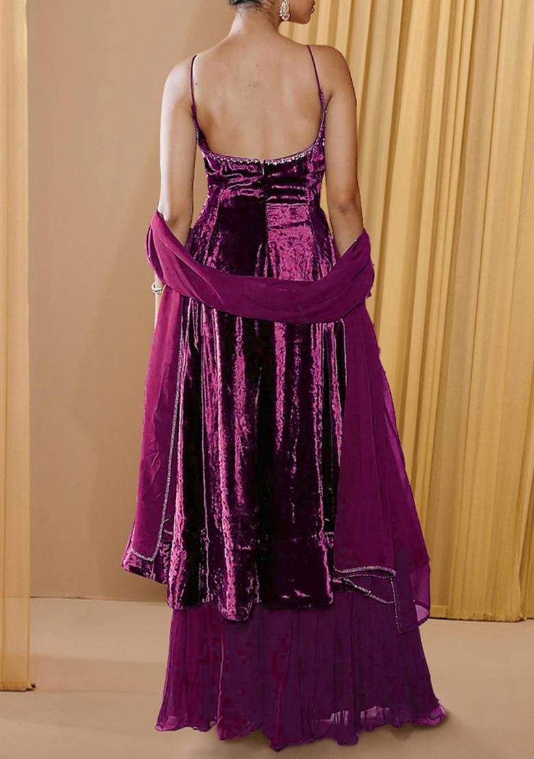 Magenta Sharara Set With Hand Embroidered Kurta And Dupatta