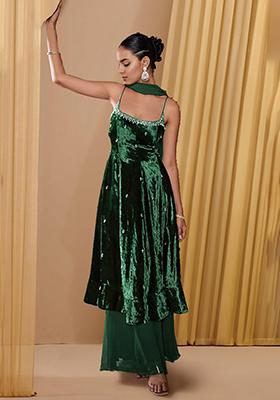 Dark Green Sharara Set With Hand Embroidered Kurta And Dupatta