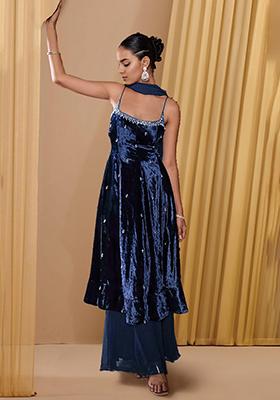 Navy Blue Sharara Set With Hand Embroidered Kurta And Dupatta