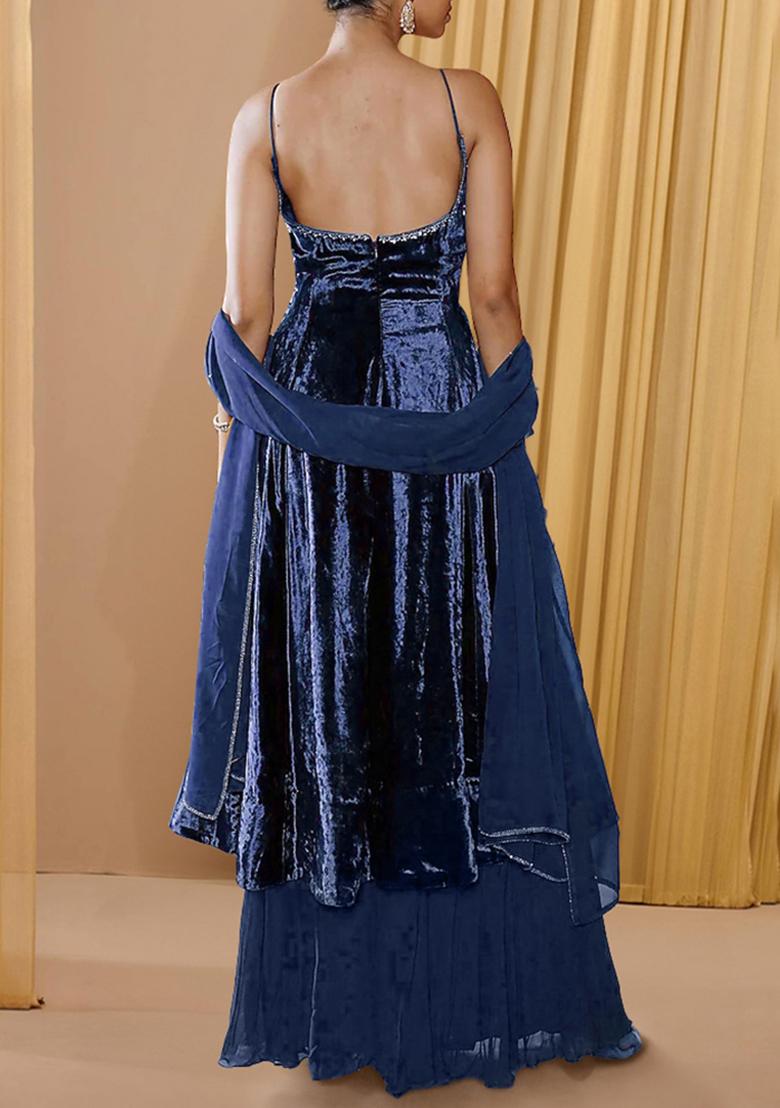 Navy Blue Sharara Set With Hand Embroidered Kurta And Dupatta