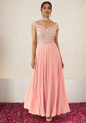Pink Anarkali Set With Hand Embroidered Dupatta