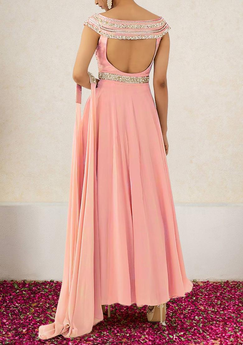 Pink Anarkali Set With Hand Embroidered Dupatta