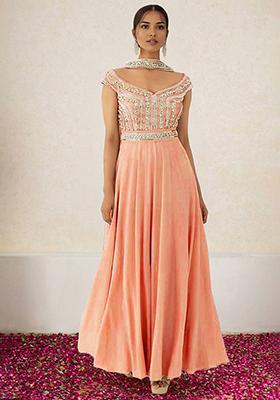 Light Orange Anarkali Set With Hand Embroidered Dupatta