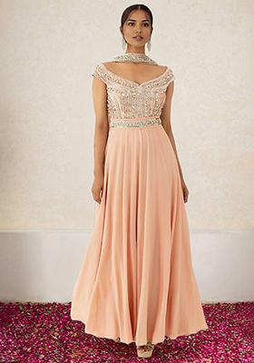 Peach Anarkali Set With Hand Embroidered Dupatta