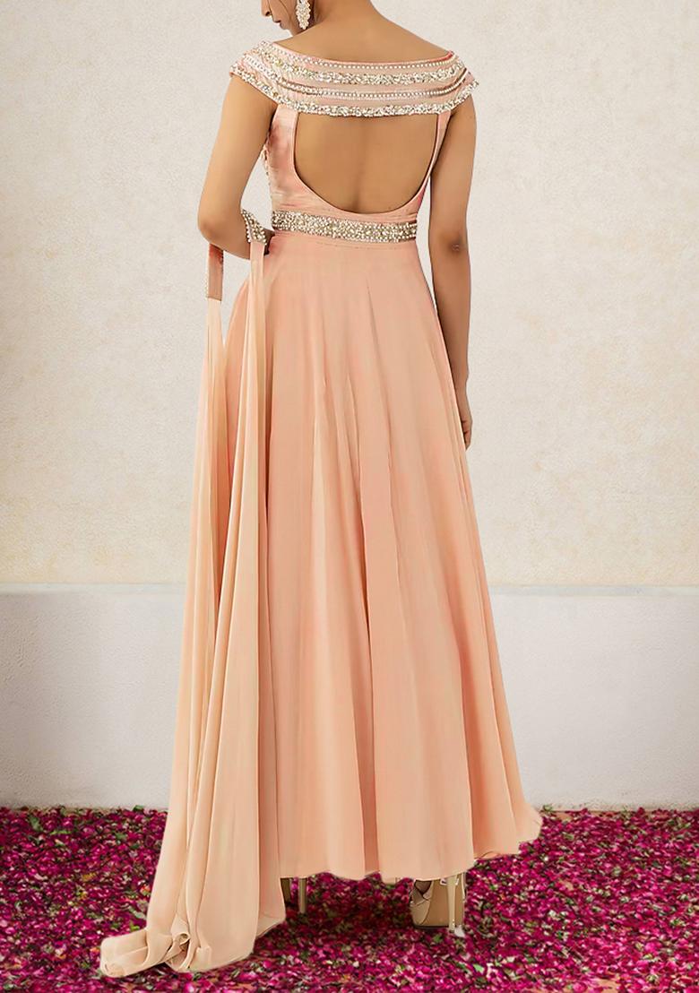 Peach Anarkali Set With Hand Embroidered Dupatta