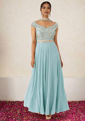Sky Blue Anarkali Set With Hand Embroidered Dupatta