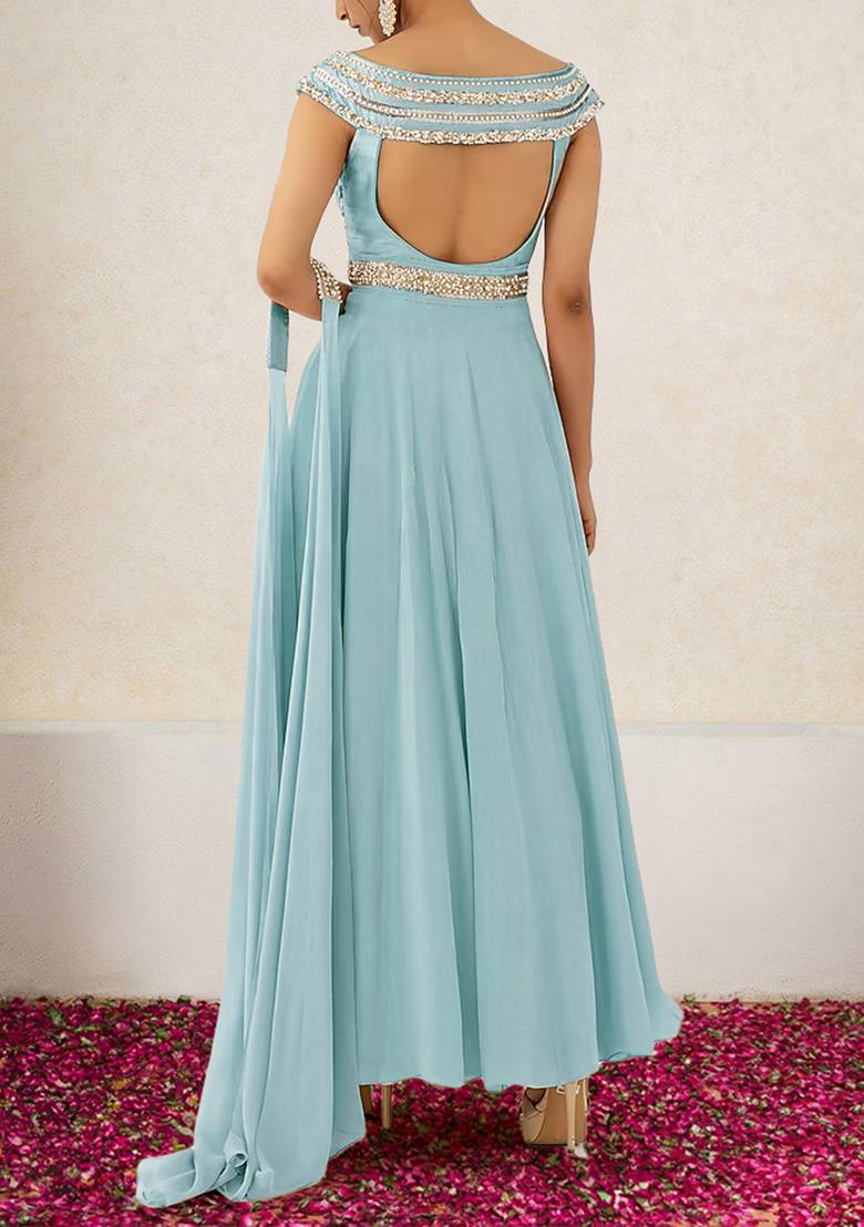 Sky Blue Anarkali Set With Hand Embroidered Dupatta