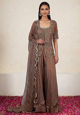 Light Brown Kurta Set With Hand Embroidered Palazzo And Dupatta