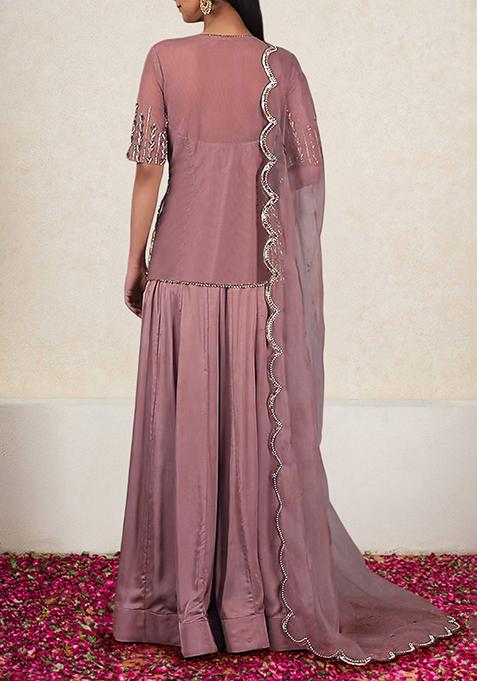 Dusty Plum Kashida Embroidered A-Line Kurta with Farshi Salwar and Dupatta